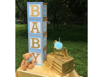 Baby Blue and Gold Baby Shower Blocks, Large BABY Blocks, Baby Boy Shower, Baby Shower Decor, Custom Blocks, Blue and Gold Baby Shower, B101