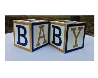 Navy Blue and Gold Baby Blocks, Baby Shower Navy & Gold Centerpieces, Navy Blue and Gold BABY Blocks,Navy Blue and Gold Birthday