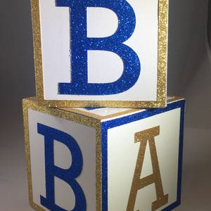 Royal Prince Baby Shower Centerpiece Blocks 4 Inch Blue & Gold Custom Decorative Blocks for Party Nursery Decor 画像 4