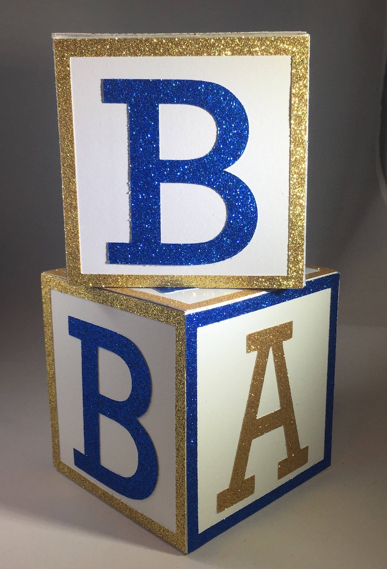 Royal Prince Baby Shower Centerpiece Blocks 4 Inch Blue & Gold Custom Decorative Blocks for Party Nursery Decor 画像 4