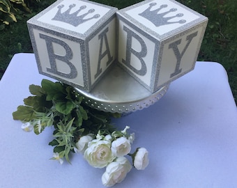 Silver and White  BABY Blocks, Silver and White Baby Shower Decor , White & Silver Baby Shower , BABY Block Centerpiece, Table Centerpieces