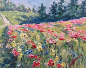 Field of Wheat with Wildflowers Original ART 12x 16 Landscape Painting by Justyna Kostkowska Buttercups and Cornflowers in Poland