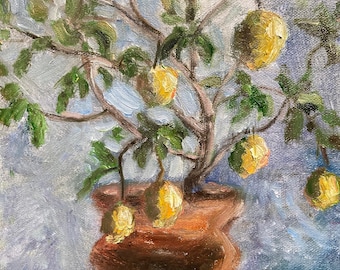 Meyer Lemon Tree Original Oil Painting: Citrus Art by Justyna Kostkowska