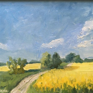 Buckwheat Field Oil Painting: Poland Landscape Art (13x16 Framed)