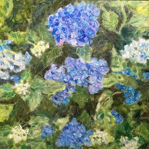 Blue Hydrangea Flower Original oil painting by Justyna Kostkowska framed 16x20 oil on linen