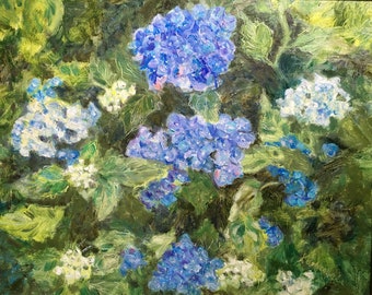 Blue Hydrangea Flower Original oil painting by Justyna Kostkowska framed 16x20 oil on linen