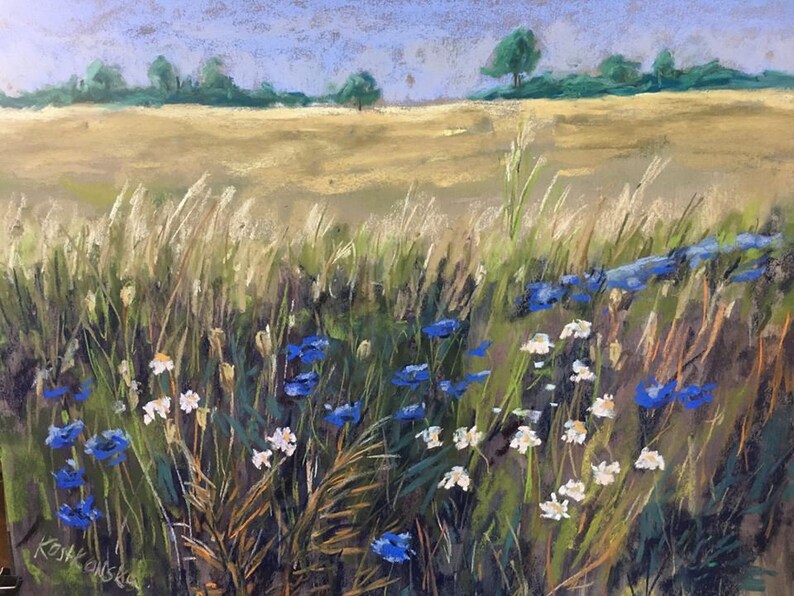 Field of Wheat with Wildflowers Original ART 12x 16 Landscape Painting by Justyna Kostkowska Buttercups and Cornflowers in Poland