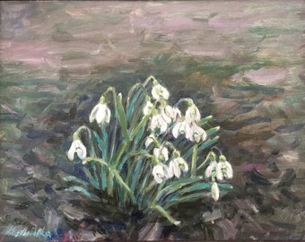 Snowdrops Wildflowers Original oil painting Framed 14x17 by Justyna Kostkowska