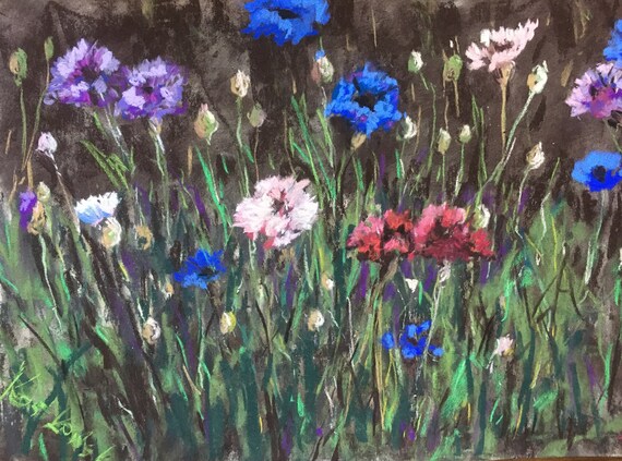 Field of Wheat with Wildflowers Original ART 12x 16 Landscape Painting by Justyna Kostkowska Buttercups and Cornflowers in Poland