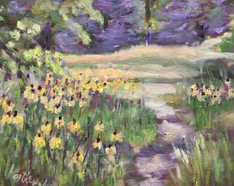 Echinacea Yellow Coneflower Meadow Original Landscape Oil Painting by Justyna Kostkowska 8x10