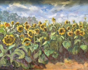 Sunflower Field Poland EU original oil painting by Justyna Kostkowska 18x24 plus frame. Framed