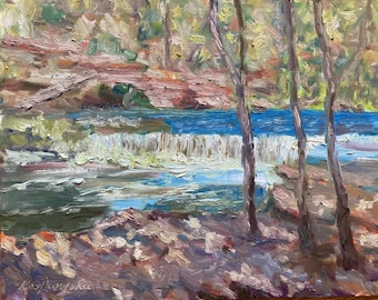 Duck River Tennessee Waterfall original oil painting by Justyna Kostkowska 11x14 framed