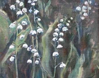 Lily of the valley spring flower original oil painting by Justyna Kostkowska, 15x18 framed