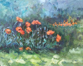 Red Poppies Garden in Poland Original Oil Painting by Justyna Kostkowska  15x18 framed