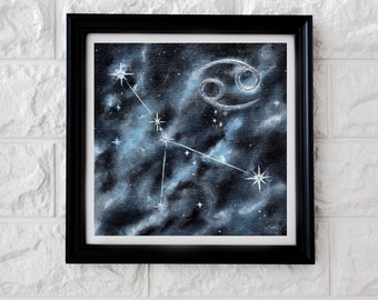 Cancer Zodiac Art - Acrylic astropainting with star constellation, universe background and cancer zodiac sign - poster, print