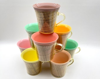 Mid Century Modern Raffiaware Burlap Weave Insulated Mugs Set of 9