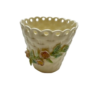 Belleek Basket Weave Spill Vase with Embossed Pink Flowers Green Stem Scallop