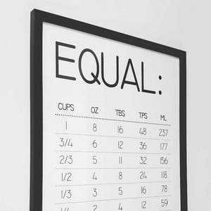 Puede incluir: Gráfico en blanco y negro titulado "EQUAL:" con medidas para tazas, onzas, cucharadas, cucharaditas y mililitros.