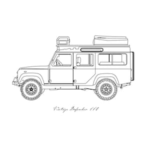 May include: A black and white line drawing of a vintage Land Rover Defender 110 with a roof rack and a rooftop tent. The vehicle is facing to the right and has a spare tyre on the back.