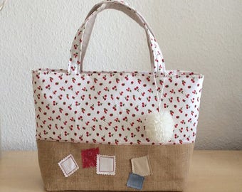 Sac toile de jute grand format - sac façon cabas - sac toile de jute et imprimé cerises