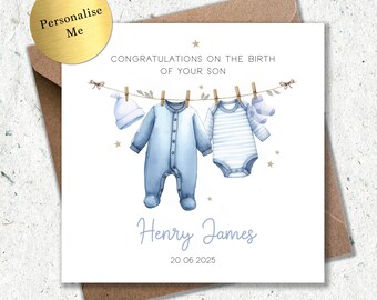 Carte personnalisée nouveau-né pour un petit garçon, carte de voeux pour nouveau bébé fils, carte pour nouveaux parents