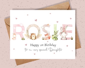 Carte d'anniversaire pour 1er, 2e, 3e, 4e, 5e, 6e et 7e anniversaire pour fille, fille, nièce, petite-fille, carte d'anniversaire avec le nom d'un animal à l'aquarelle