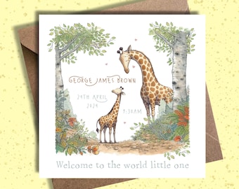 Carte de naissance personnalisée / faire-part de naissance / cadeau pour nouveau-né / carte de félicitations de bébé / carte de bébé garçon, fille, girafe, jungle