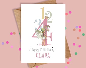 May include: A pink and white fairy with wings holding flowers stands in front of a large pink number four. The numbers 1, 2, and 3 are stacked on top of the four. The text "Happy 4th Birthday CLARA" is below the numbers.
