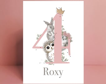 May include: A pink number four with a crown on top. An owl, a rabbit, and a hedgehog are peeking out from behind the number. The name "Roxy" is written below the number.