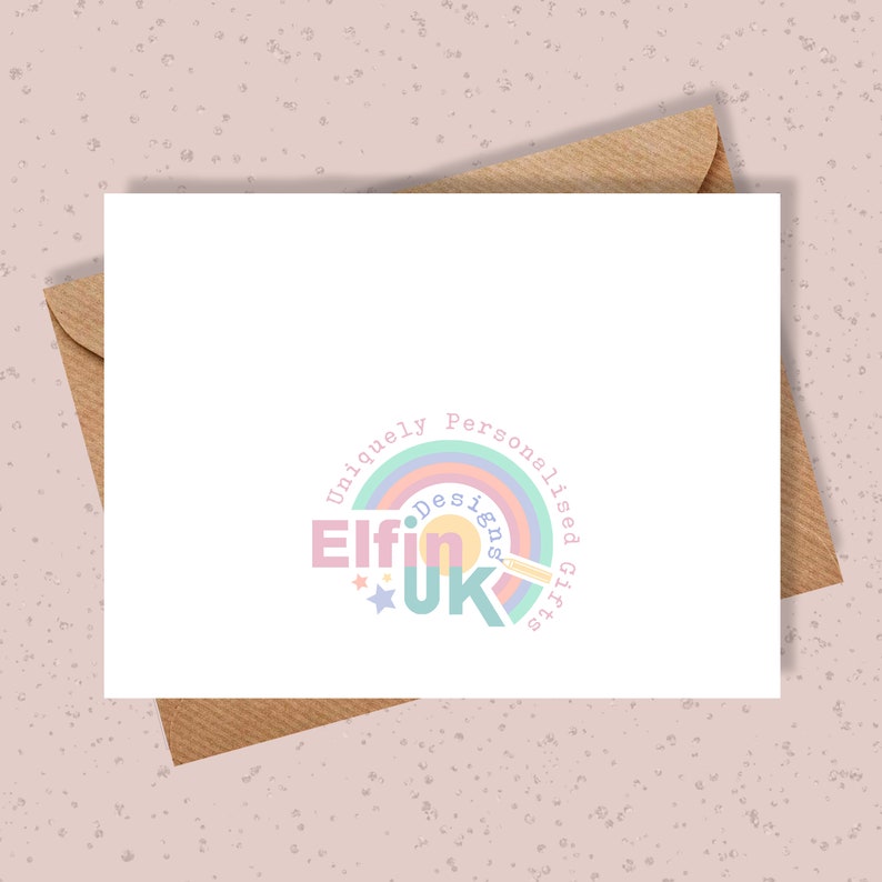 May include: A white card with a colorful logo that says "Uniquely Personalised Gifts Elf in UK" in a rainbow arc design.