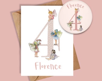 Ensemble carte et badge 4e anniversaire / Carte 4e anniversaire / Badge 4e anniversaire / Carte d'anniversaire personnalisée / Badge d'anniversaire / Fée 4e anniversaire