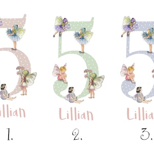 May include: Three variations of a pink, green, and blue number five with fairies and flowers. Each number has the name "Lillian" and a number 1, 2, or 3 underneath.