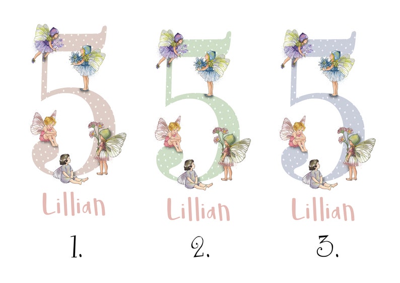 May include: Three variations of a pink, green, and blue number five with fairies and flowers. Each number has the name "Lillian" and a number 1, 2, or 3 underneath.