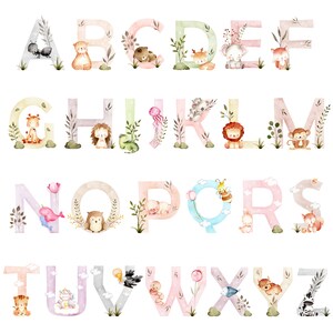 May include: Watercolor alphabet letters with cute animal illustrations. Each letter is decorated with flowers, leaves, and other nature-inspired elements. The letters are in pastel colors and are perfect for a nursery or children's room.