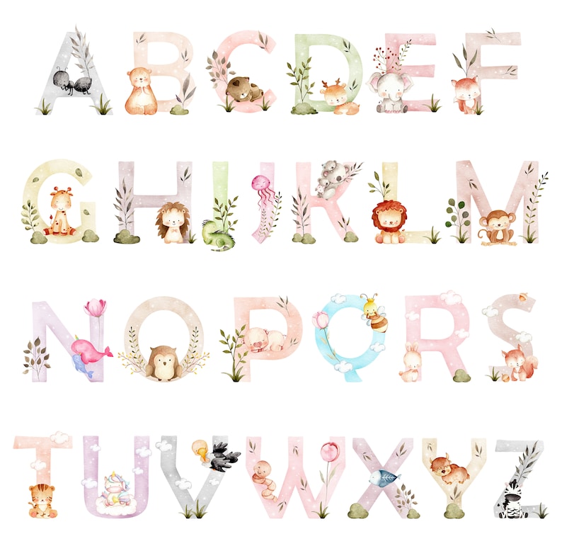 May include: Watercolor alphabet letters with cute animal illustrations. Each letter is decorated with flowers, leaves, and other nature-inspired elements. The letters are in pastel colors and are perfect for a nursery or children's room.