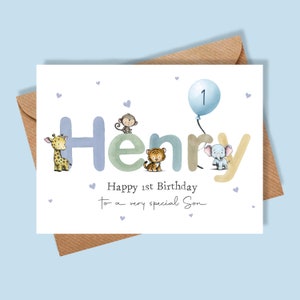 1st, 2nd, 3rd, 4th, 5th, 6th, 7th Birthday Card For Boy, Son, Nephew, Grandson, Birthday Card With Jungle Animals Watercolour Name immagine 1
