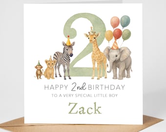 Personalised Jungle Safari Animals 2nd Birthday Card for Son, Daughter, Grandson, Nephew, Granddaughter, Niece