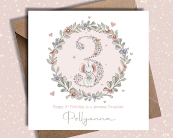Carte personnalisée pour le 3e anniversaire de fille, Carte de troisième anniversaire, Carte personnalisée, Carte d'anniversaire, Carte de fille personnalisée, Couronne de fleurs, Souris