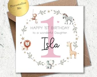 Carte 1er anniversaire animal de la jungle pour fille, carte 1er anniversaire fille, cadeau premier anniversaire spécial petite-fille, carte premier anniversaire