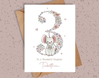 Personalised Floral Mouse 3rd Birthday Card for girl, Daughter, Granddaughter, Niece