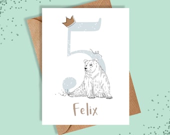 Carte 5e anniversaire / Carte cinquième anniversaire / Personnalisée / Fille / Garçon / Carte d'anniversaire / Carte personnalisée / Carte de voeux / Cartes / Carte ours