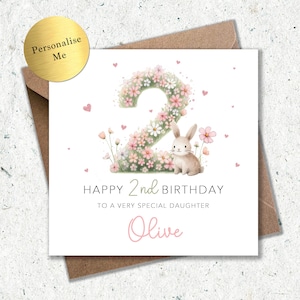 Personalised 2nd Birthday Card: Floral Bunny Design, Daughter, granddaughter, Niece