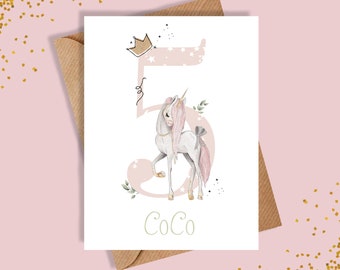 5th Birthday Card / Fifth Birthday Card / Unicorn Birthday Card / Girl / Birthday Card / Personalised Girl Card / Greetings Card / Cards