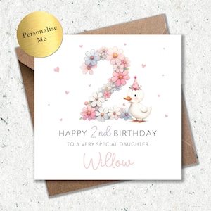 Personalised Floral Duck 2nd Birthday Card for Girl, Daughter, Granddaughter, Niece, Goddaughter, Friend, Cousin