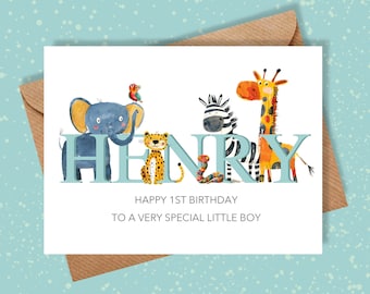 Carte de 1er, 2e, 3e, 4e, 5e, 6e anniversaire personnalisée, fils, neveu, petit-fils, premier anniversaire carte animaux de safari, carte personnalisée nom
