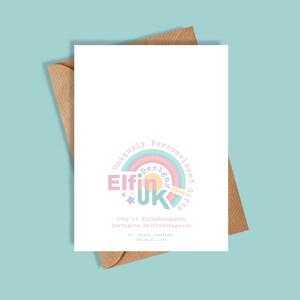 May include: A white card with a colorful logo that says "Uniquely Personalised Gifts Elfin UK" with a rainbow design. The text below the logo says "Etsy at ElfinDesignsUK Instagram @elfindesignsuk All images copyright @NaomiElliott"