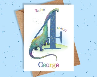 4th Birthday Dinosaur Card / Dinosaur 4th Birthday Card / Personalised / Girl / Boy / Birthday Card / Personalised Birthday Card
