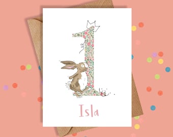 Carte de 1er anniversaire pour fille, fille, nièce, petite-fille, carte de premier anniversaire avec lapin, carte d'anniversaire florale, carte personnalisée
