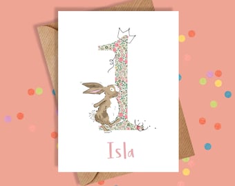 1st Birthday Card For Girl, Daughter, Niece, Granddaughter, First Birthday Card With Bunny Rabbit, Floral Birthday Card, Personalised Card