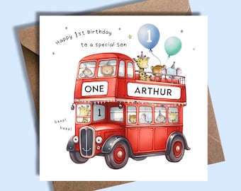 London Bus Birthday Card with Party Animals, 1st, 2nd, 3rd, 4th, 5th, Son, Daughter, Birthday Card With Bus, Any Age Bus Card, Red Bus Card
